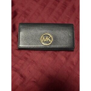Michael Kors Black & Gold Saffiano Leather MK Logo Envelope Wallet